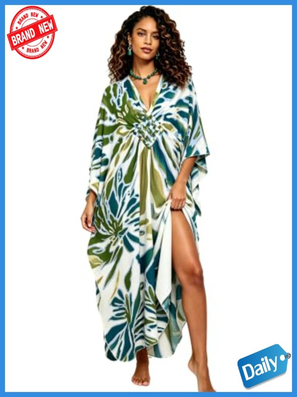 Hand Woven V Neck Swim Cover Up Caftan Rayon Cotton Kaftan Dress Floral Ethnic